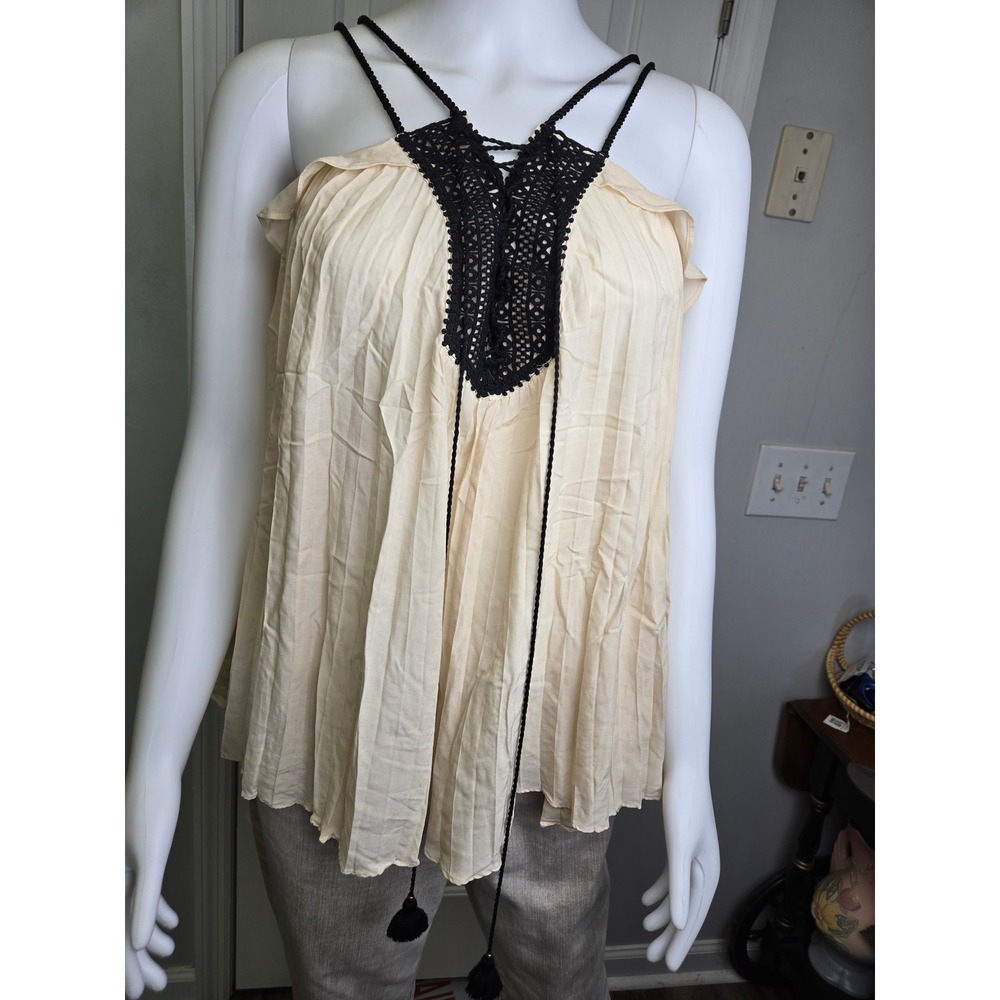 Rachel Zoe Ivory Pleated Crochet Halter Top Black Tassel Lace Up Back Small